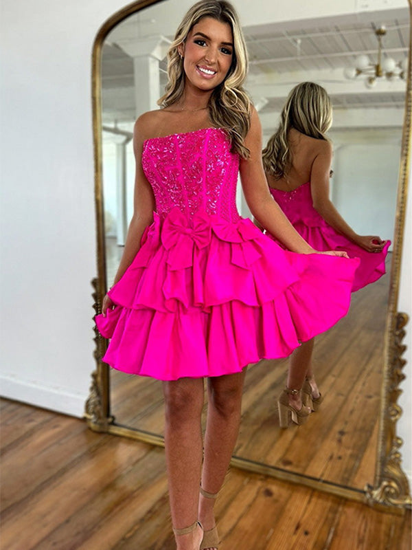 Hot Pink A-Line Strapless Short Satin Homecoming Dress With Beading