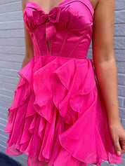 Hot Pink A Line Strapless Cut Front Homecoming Dress with Bow