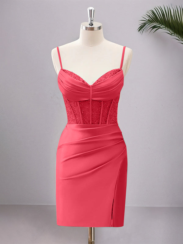 Dreamylily Women Hot Pink Spaghetti Straps Bodycon Corset Satin Homecoming Dress with Slit Dreamylily Women Hot Pink Spaghetti Straps Bodycon Corset Satin Homecoming Dress with Slit
