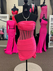 Hot Pink Strapless Sheer Corset Short Tight Homecoming Dress