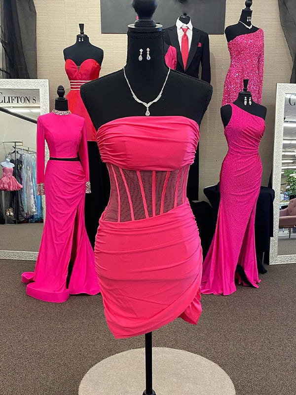 Hot Pink Strapless Sheer Corset Short Tight Homecoming Dress