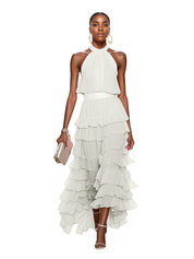 A Line Pink Chiffon Halter Neck Sleeveless Ankle Length Dress With Cascading Ruffles