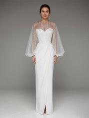 White Chiffon Sweetheart Neckline  Asymmetrical Length Formal Party Dress with Lace Sleeves