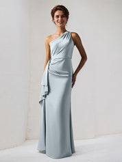 Dusty Blue Satin One Shoulder Sleeveless Floor Length Dress With Slit