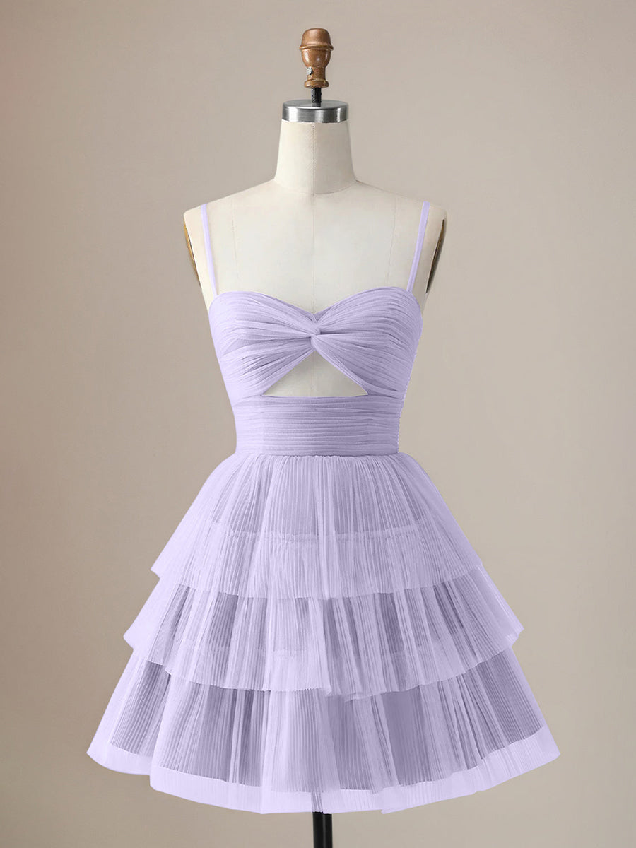A Line Spaghetti Straps Short Tiered Homecoming Dress with Hollow Out