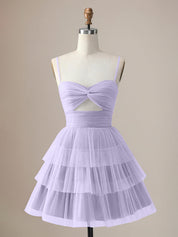 A Line Spaghetti Straps Short Tiered Homecoming Dress with Hollow Out
