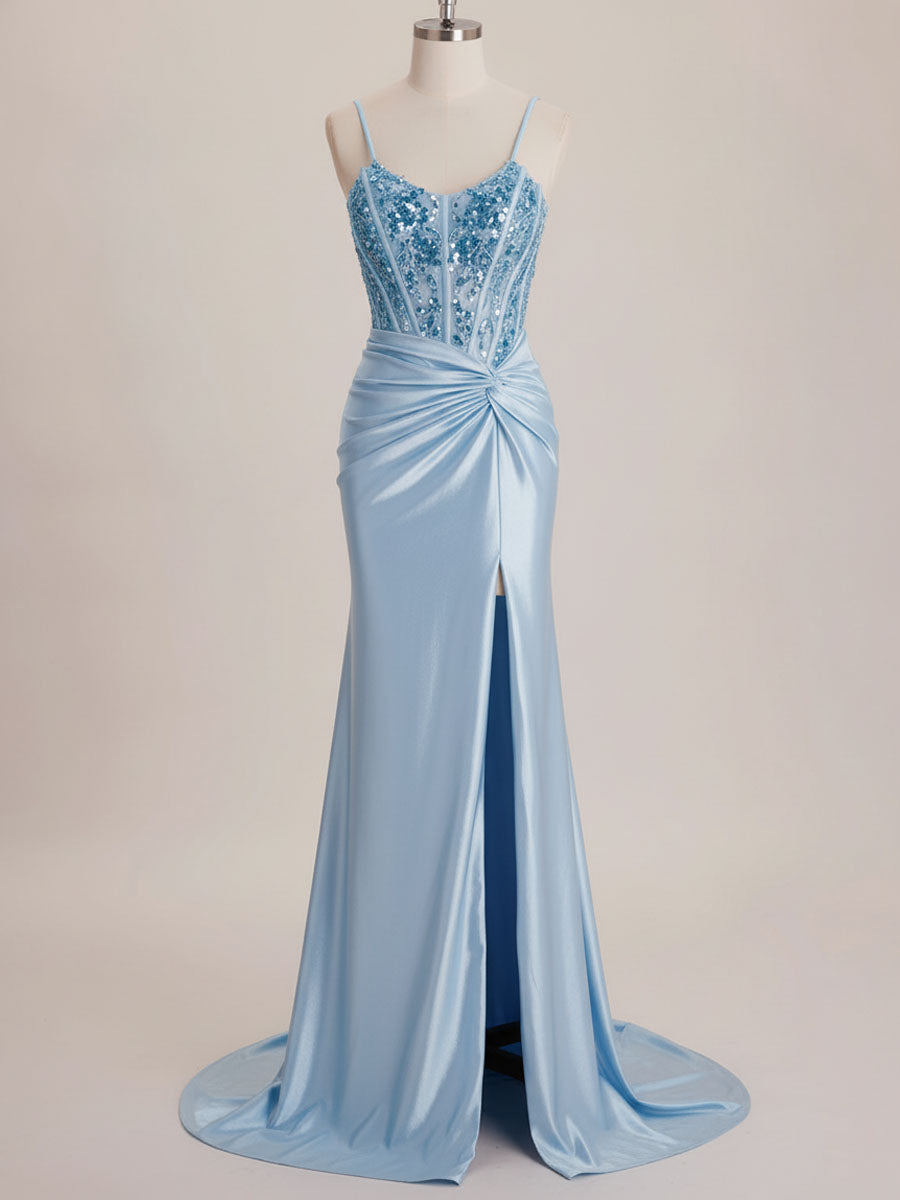 Dreamylily Prom Dress Light Blue Satin Sequin Bodice Twisted Waist