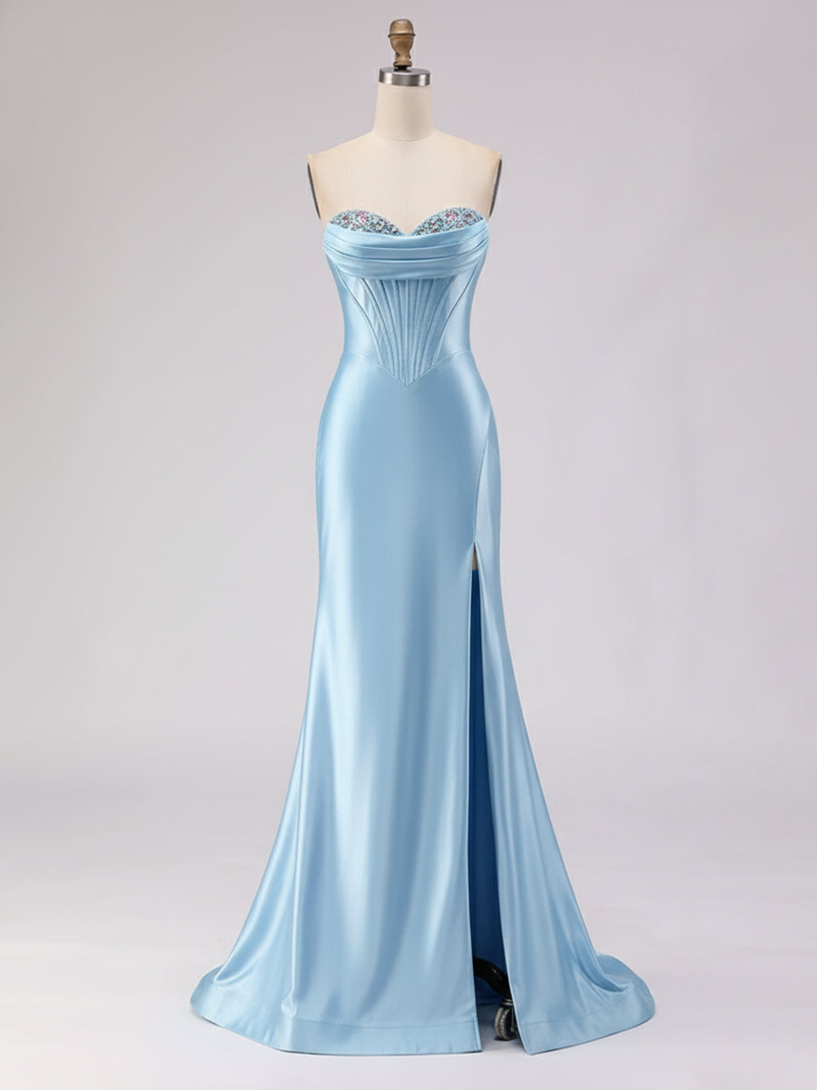 Dreamylily Prom Dress Light Blue Satin Strapless Corset Prom Dress with