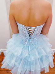 A-Line Sweetheart Lace Up Short Tiered Tulle Homecoming Dress