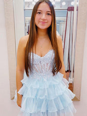 A-Line Sweetheart Lace Up Short Tiered Tulle Homecoming Dress
