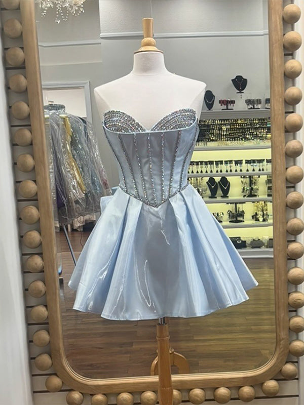 Light Blue Strapless Mini Ball Gown Homecoming Dress with Bow