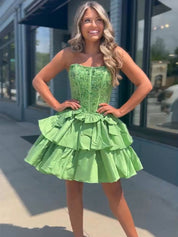 Light Green A-Line Strapless Short Satin Homecoming Dress With Beading