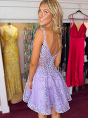 Lilac A Line V Neck Lace Short Homecoming Dress