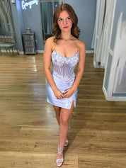 Lilac Strapless Corset Homecoming Dress with Floral Appliqués