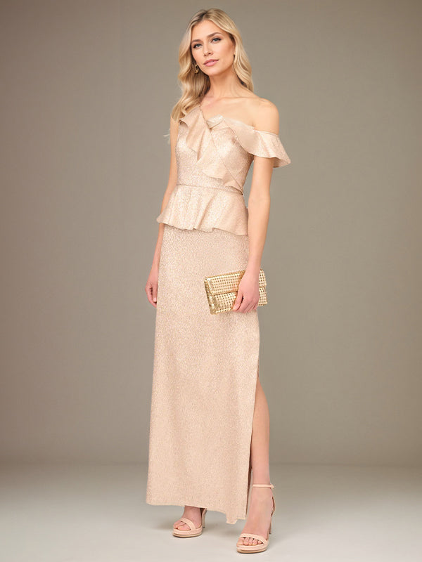 Champagne Sheath/Column Satin One Shoulder Sleeveless Ankle Length Dress With Slit