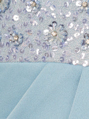 Light Sky Blue Chiffon Off the Shoulder Sleeveless Floor Length Dress With Sequins