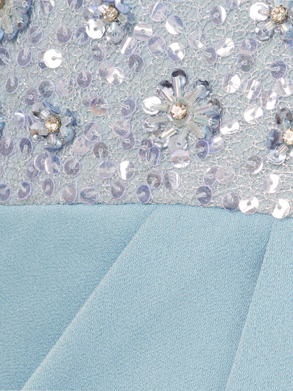Light Sky Blue Chiffon Off the Shoulder Sleeveless Floor Length Dress With Sequins
