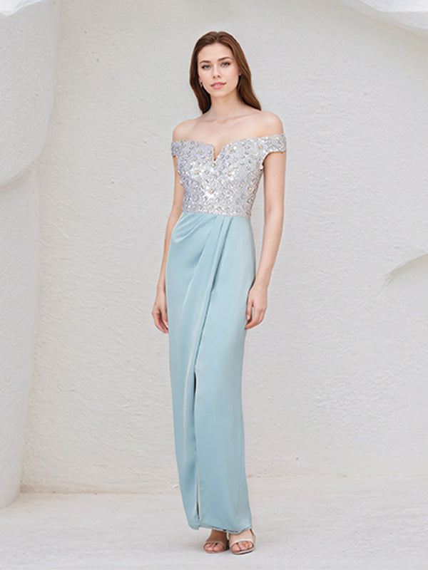 Light Sky Blue Chiffon Off the Shoulder Sleeveless Floor Length Dress With Sequins