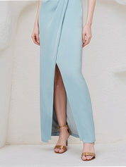 Light Sky Blue Chiffon Off the Shoulder Sleeveless Floor Length Dress With Sequins