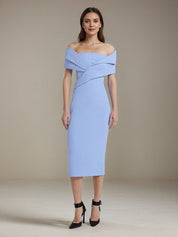Blue Stretch Crepe Off The Shoulder Sleeveless Tea Length Formal Dress