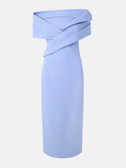 Blue Stretch Crepe Off The Shoulder Sleeveless Tea Length Formal Dress