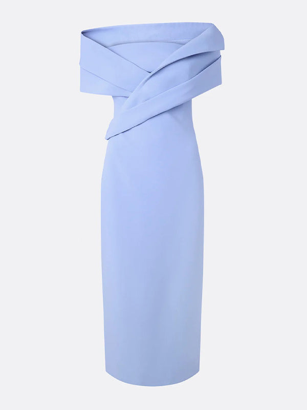 Blue Stretch Crepe Off The Shoulder Sleeveless Tea Length Formal Dress