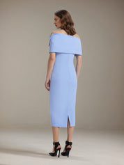 Blue Stretch Crepe Off The Shoulder Sleeveless Tea Length Formal Dress