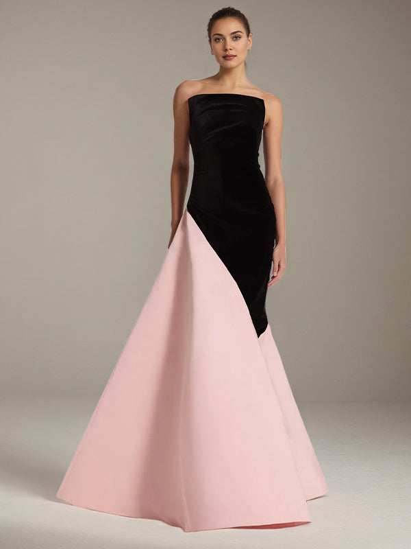 Black&Pink Stretch Crepe Off The Shoulder Sleeveless Floor Length Formal Dress