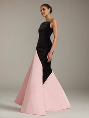 Black&Pink Stretch Crepe Off The Shoulder Sleeveless Floor Length Formal Dress