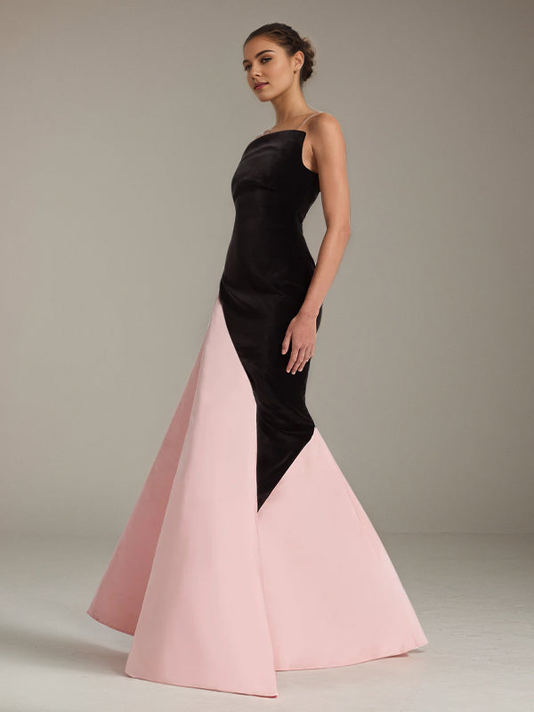 Black&Pink Stretch Crepe Off The Shoulder Sleeveless Floor Length Formal Dress