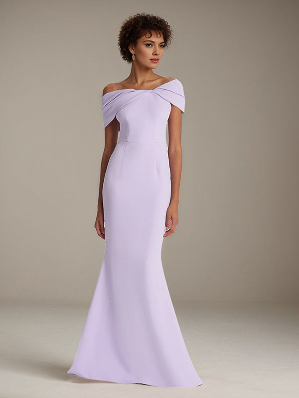 Lilac Stretch Crepe Off The Shoulder Sleeveless Floor Length Mermaid Formal Dress