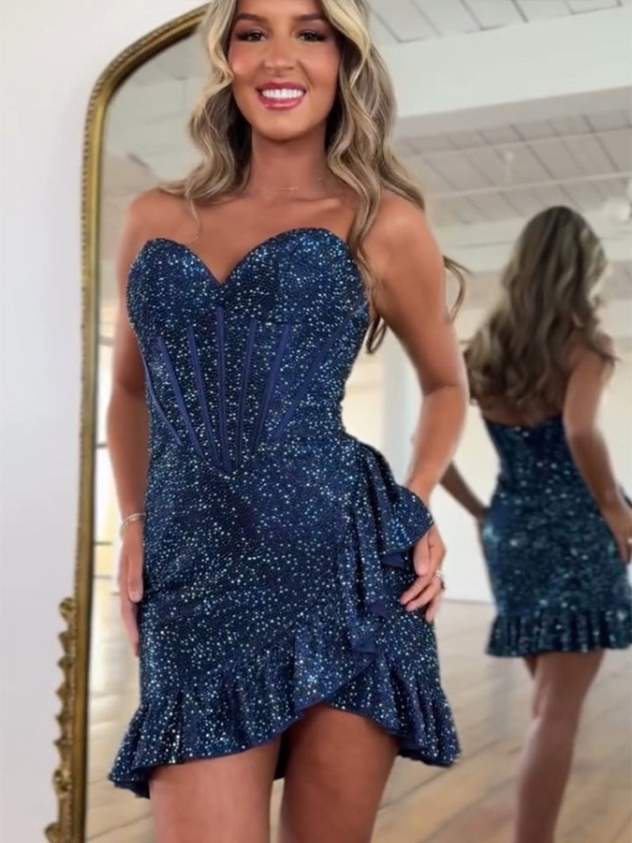 Dreamylily Women Navy Strapless Beaded Corset Bodice Homecoming Dress