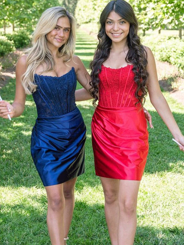 Navy Bodycon Strapless Lace Top Short Satin Homecoming Dress