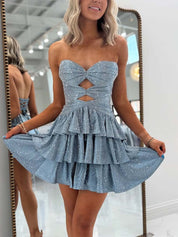 A Line Strapless Sweetheart Satin Short Homecoming Dress with Keyhole