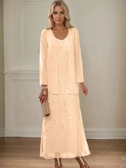 Sheath/Column V-Neck Ankle-Length Mother of the Bride Dresses with Jacket & Sequins