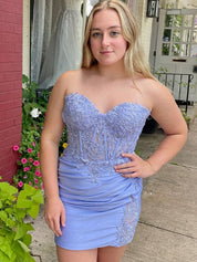 Periwinkle Strapless Sweetheart Appliques Bodycon Short Homecoming Dress