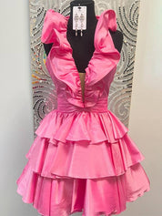 Pink A-Line Halter Neck Short Tiered Homecoming Dress