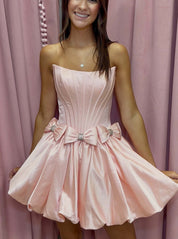 Pink A-Line Strapless Puff Homecoming Dress with Cinched Waist