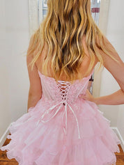 A-Line Sweetheart Lace Up Short Tiered Tulle Homecoming Dress