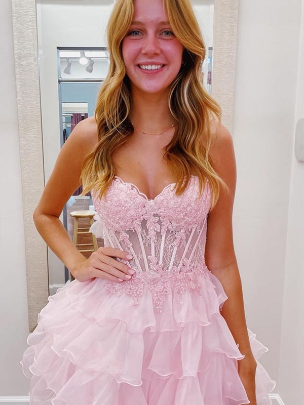 A-Line Sweetheart Lace Up Short Tiered Tulle Homecoming Dress