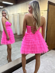 Pink A-Line Sweetheart Lace Up Short Tulle Homecoming Dress