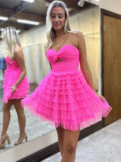 Pink A-Line Sweetheart Lace Up Short Tulle Homecoming Dress