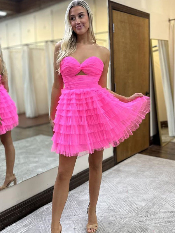 Pink A-Line Sweetheart Lace Up Short Tulle Homecoming Dress