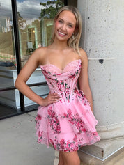 Pink A-Line Sweetheart Strapless Appliquues Tiered Homecoming Dress