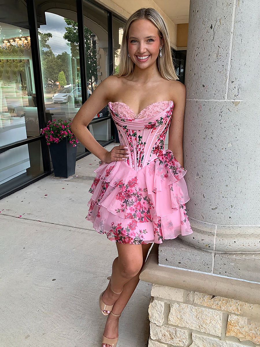 Pink A-Line Sweetheart Strapless Appliquues Tiered Homecoming Dress