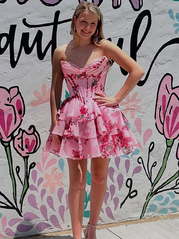 Pink A-Line Sweetheart Strapless Appliquues Tiered Homecoming Dress