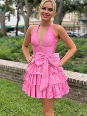 Pink A Line Halter Tiered Ruffle Homecoming Dress with Bow