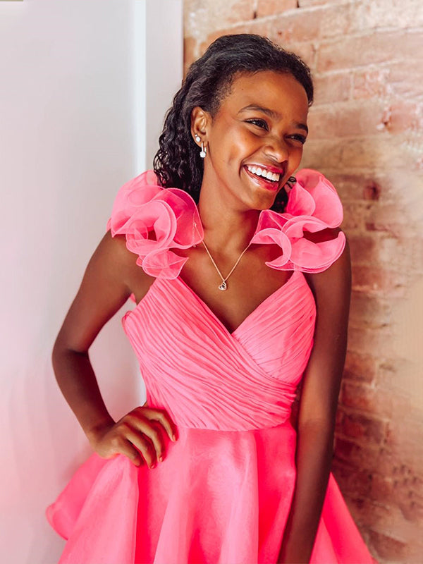 Pink A Line Surplice Ruffles Straps Tulle Homecoming Dress