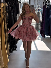 Pink Corset Strapless A Line Short Homecoming Dress with Ruffles