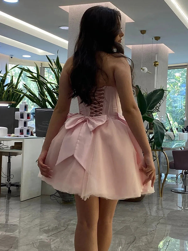 Pink Strapless A-Line Empire-Waist with Bows Pleated Short Homecoming Dress